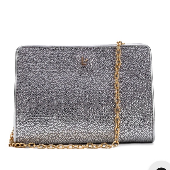 Larroude Erin crystal silver gray  clutch bag with removable gold chain strap - Picture 2 of 14